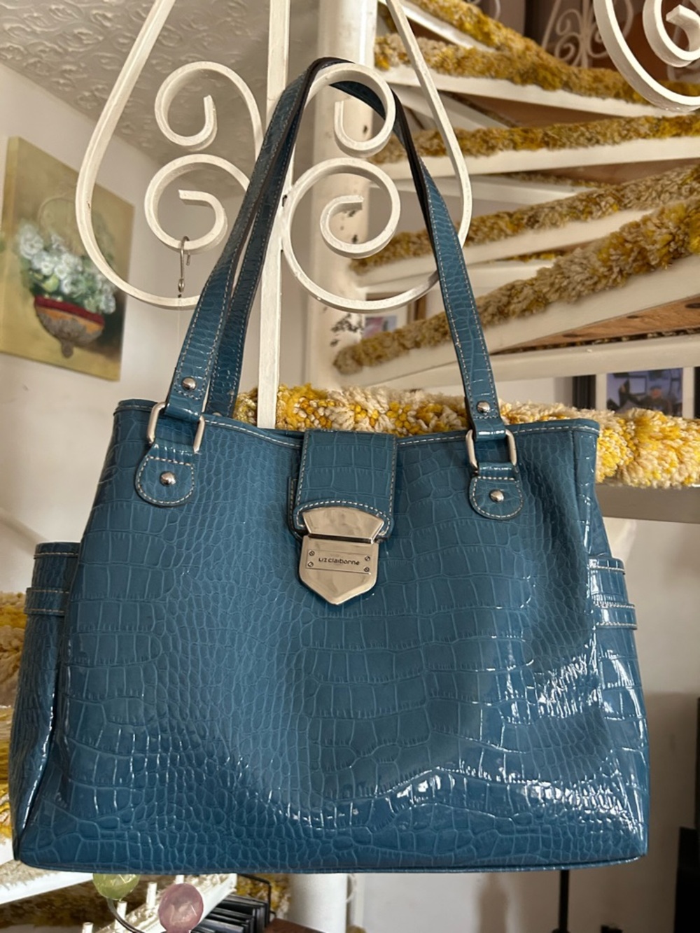 Liz Claiborne Teal Patent Croc Tote with Silver Hardware